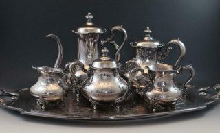 C1890 Meriden Britania Co.  Engraved Silver Plate 6 Piece Teacoffee Set W/ Tray