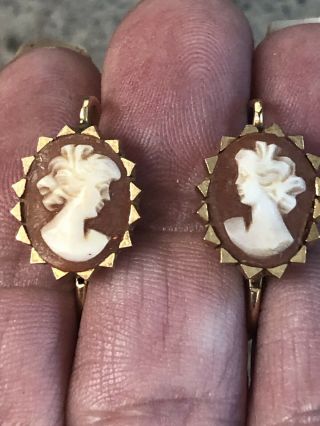 Vintage 18k Yellow Gold Carved Shell Cameo Pierced Lever Back Earrings