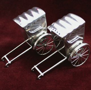 Vintage Japanese 950 Sterling Silver Rickshaw Carts Salt & Pepper Shaker Set