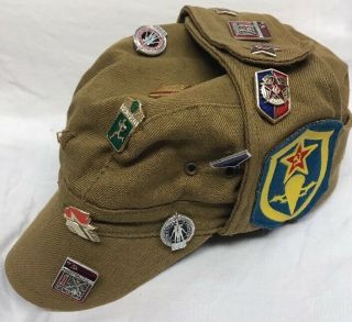 Russian Ussr Soviet Union Vintage Military Hat With 12 Pins And 2 Patches