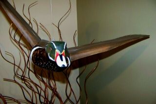 Large Hand Carved Painted Flying Wood Duck Decoy - Hangs From Ceiling