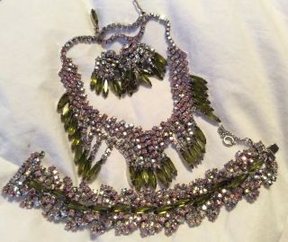 Vtg Necklace Bracelet Earrings Set Green Ab Pink Rhinestone Prong Set