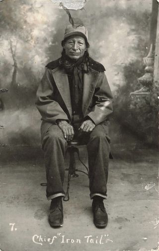 Vintage 1918 Rppc Chief " Iron Tail " Native American Photo Hiscock Cody Wyoming