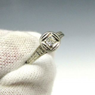 Vintage Art Deco 18k White Gold.  08 Ct Diamond Filigree Engagement Ring Size 5.  5