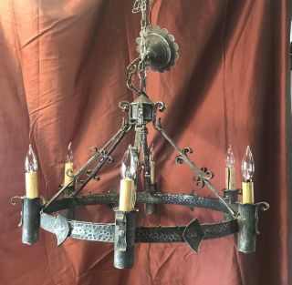 Vintage Medieval Black Wrought Iron Gothic 6 Light Chandelier Made In Italy