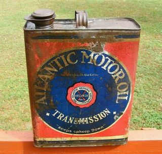 Vintage Atlantic Motor Oil Can Metal Tin Transmission Fluid Service Station
