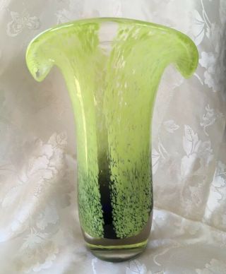 Vintage Heavy Art Glass 8” Vase Clear,  Cobalt Blue,  Yellowish Lime Green Spatter