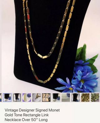 Vintage Designer Signed Monet Gold Tone Rectangle Link Necklace Over 50” Long