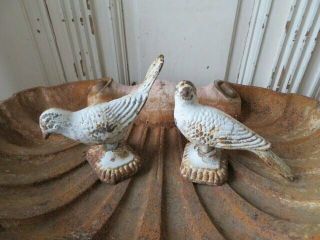 2 Fabulous Old Vintage Cast Iron Metal Birds Statues White Rusty With Patina