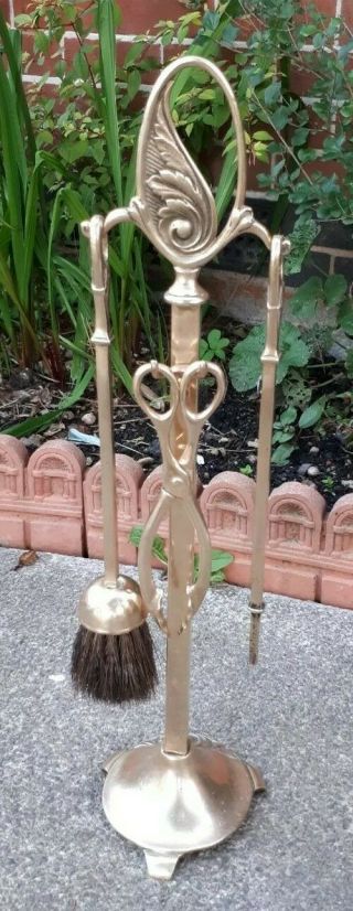 Stunning Antique Art Nouveau Brass Compendium Fire Irons & Stand 50 Cms