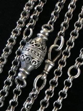 Antique Victorian Sterling Watch Fob Chain Necklace With Ornate Fob & Lion Stamp