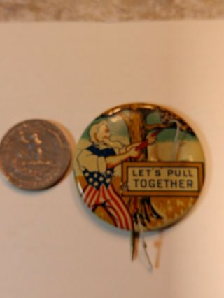 1940s Vtg Wwii Mechanical Pin Button Uncle Sam Hanging Hitler Lets Pull Together