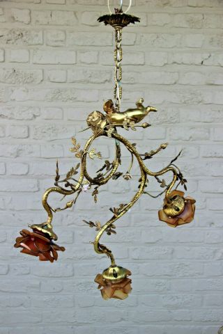 Antique French Rare Bronze Brass Putti Angel Porcelain Flower 3 Shade Chandelier