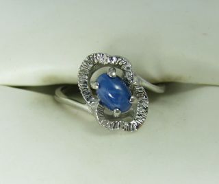 Vintage 10k White Gold Cabochon Blue Star Sapphire Ladies Unique Setting Ring 5 2