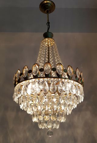 Antique French Basket Style Brass & Crystals Chandelier From 1950 