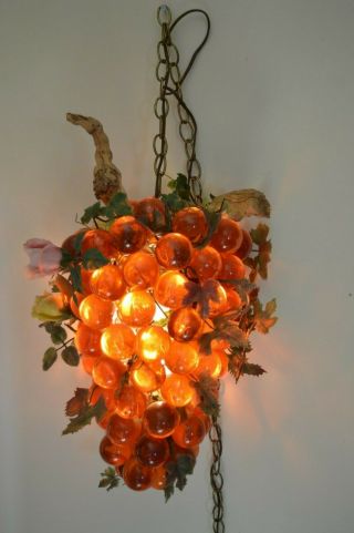 Mid Century Modern Orange Grape Cluster Lucite Acrylic Lamp Light Chandelier 16 "