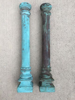 Antique Solid Turned Wood Columns Painted Shabby Chippy 21 " Blue Paint