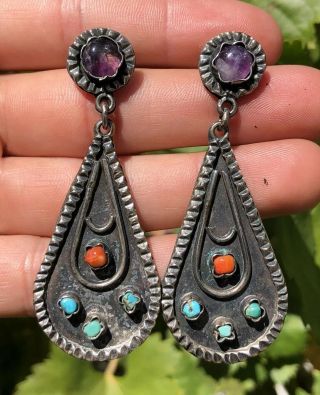 Vintage Mexican Sterling Silver Amethyst & Turquoise Dangle Long Earrings - Matl