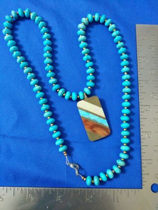 Kenneth Reed Sst 1970s Brass & Turquoise 24 " Necklace,  1 1/2 " X 3/4 " Mop & Wood