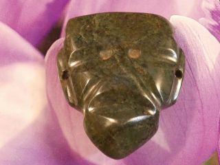 Ancient Pre - Columbian Mesoamer Green Jadeite Face Bead Mezcala 57 By 48 By 16.  4