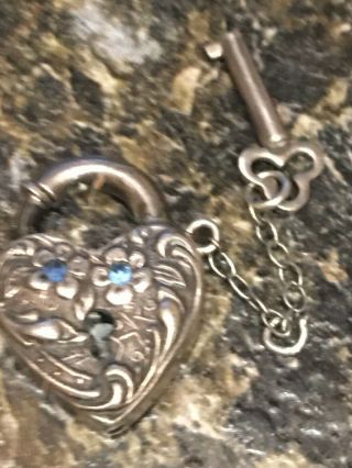 Vintage 1940’s Sterling Puffy Heart Charm: Padlock W Blue Stones,  Key Not Needed