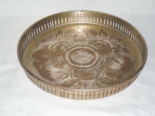 Vintage Round Tinned Brass Serving Tray Plate With Hand Hammered Etching