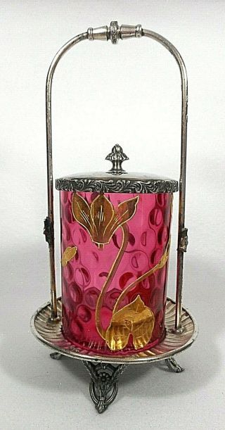 Victorian Antique Cranberry Glass With Gold Enamel Silver Plate Pickle Caster