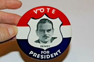 1944 - 1948 Vote Dewey For President Campaign Pin Back Button 3 1/2 " Shield