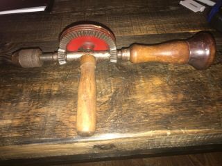 Antique Vintage Hand Crank Wood Wooden Handle Wards Master Quality 12” Drill 3