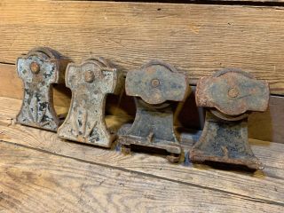 4 Antique Vintage Iron Door Rollers Hanger Cast Iron Track Old Rusty Barn