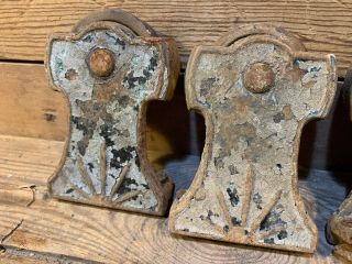4 Antique Vintage Iron Door Rollers Hanger Cast Iron Track Old Rusty Barn 3