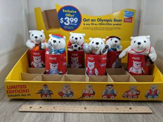 Coca Cola Plush Polar Bear Set Of 6 In Cans 2004 Athens Olympics W/ Display Case