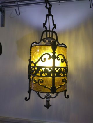 Antique/vtg Gothic Medieval Tudor Crackle Glass Foyer Chandelier Light Fixture