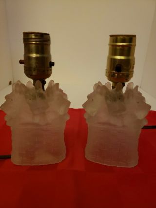Pair Vintage Art Deco Scotty Dog Lamps Frosted Glass Basket No Shades Both Work