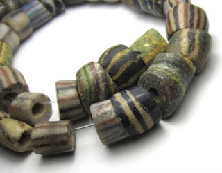 12 " Strand Of 38 Rare Well Worn Mixed Striped Ghana Sand Cast Glass Beads