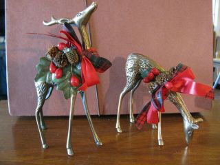 Set Of 2 Vintage Brass? Figurine Deer & Doe Buck Reindeer Christmas Hunting