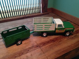 Vintage " Nylint Farms " Green Pickup Truck And Trailer With Cow,  Calf,  & Horse