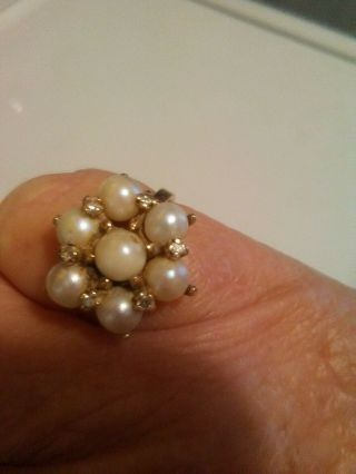 Vintage 14k Gold Pearl Cluster & Diamond Ring.