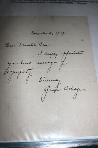 6629,  Handwritten Letter Grace Coolidge (first Lady) 1929 To Sen.  Fee