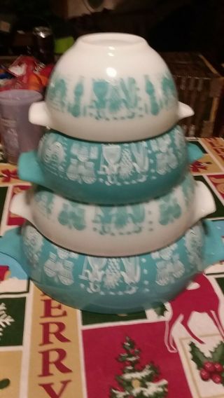 Vintage Pyrex Amish Butterprint Cinderella Mixing Bowls Turquoise Complete Set