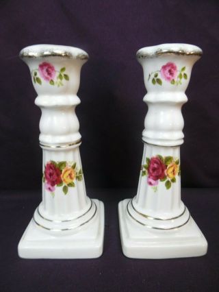 Vintage " Cottage Rose " Fine Bone China Candle Stick Holder Vase 5 " Tall Set Of 2