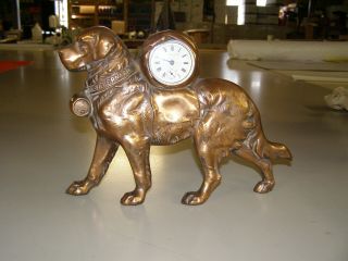Antique Cast Bronze St Bernard Dog 8 Day Clock By Golden Novelty Mfg 1891,  Runs