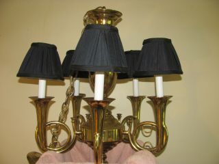 Vintage Chapman Brass 5 Light French Horn Chandelier W/shades