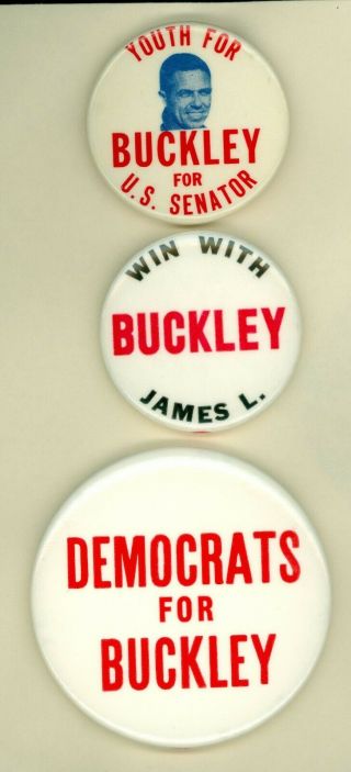 3 Vintage 1970 - 76 York Us Senator James Buckley Campaign Pinback Buttons