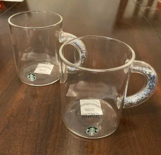 2 Starbucks Glitter Handle Glass Mug 2019 Holiday Cup Holographic Rainbow Holo