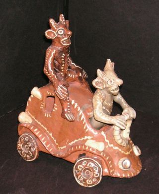 Vintage Mexican Ceramic Pottery - Day Of The Dead - Devils Driving Car