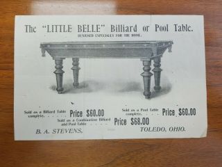 1903 Advertising Billhead B.  A.  Stevens Billiard Pool Table Large Illustration