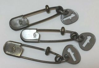 3 Antique Numbered Large 4.  25 " Brass Horse Blanket Laundry Safety Pins - Key Tag