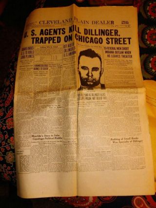 Cleveland Plain Dealer Newspaper July 23,  1934 John Dillinger Shootingreal Deal