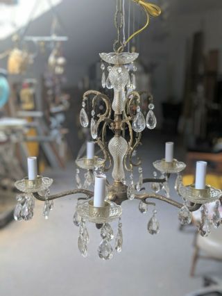 Vintage Petite Or Medium Brass Crystal Small 5 Arm Chandelier Made In Spain
